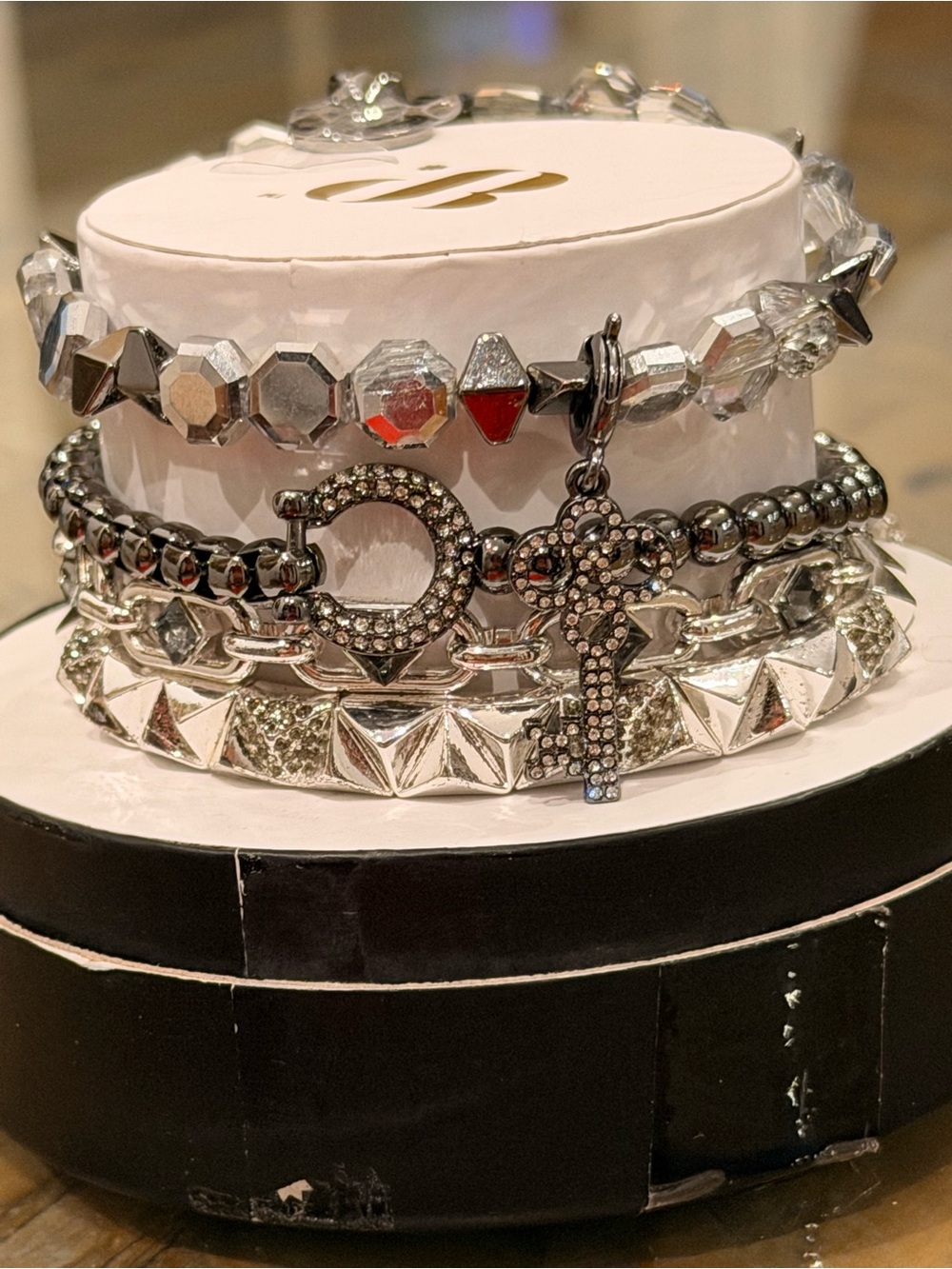 Bomb Party NWT! Rhinestone Key & Hematite Bracelet Stack “The Key to Confidence”